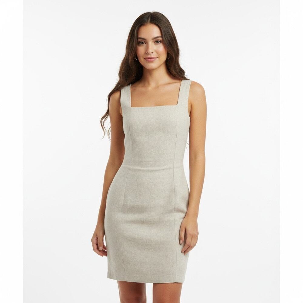 Old Navy Linen Blend Square Neck Sheath Mini Dress Large Beige Neutral Smocked